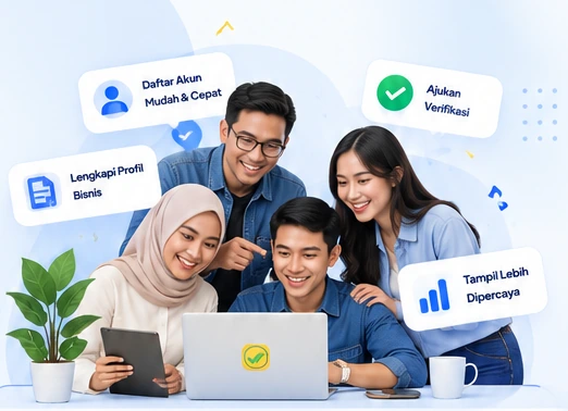 Tim muda di depan laptop Resmi.ID dengan label Daftar Akun Mudah & Cepat, Lengkapi Profil Bisnis, Ajukan Verifikasi, dan Tampil Lebih Dipercaya.