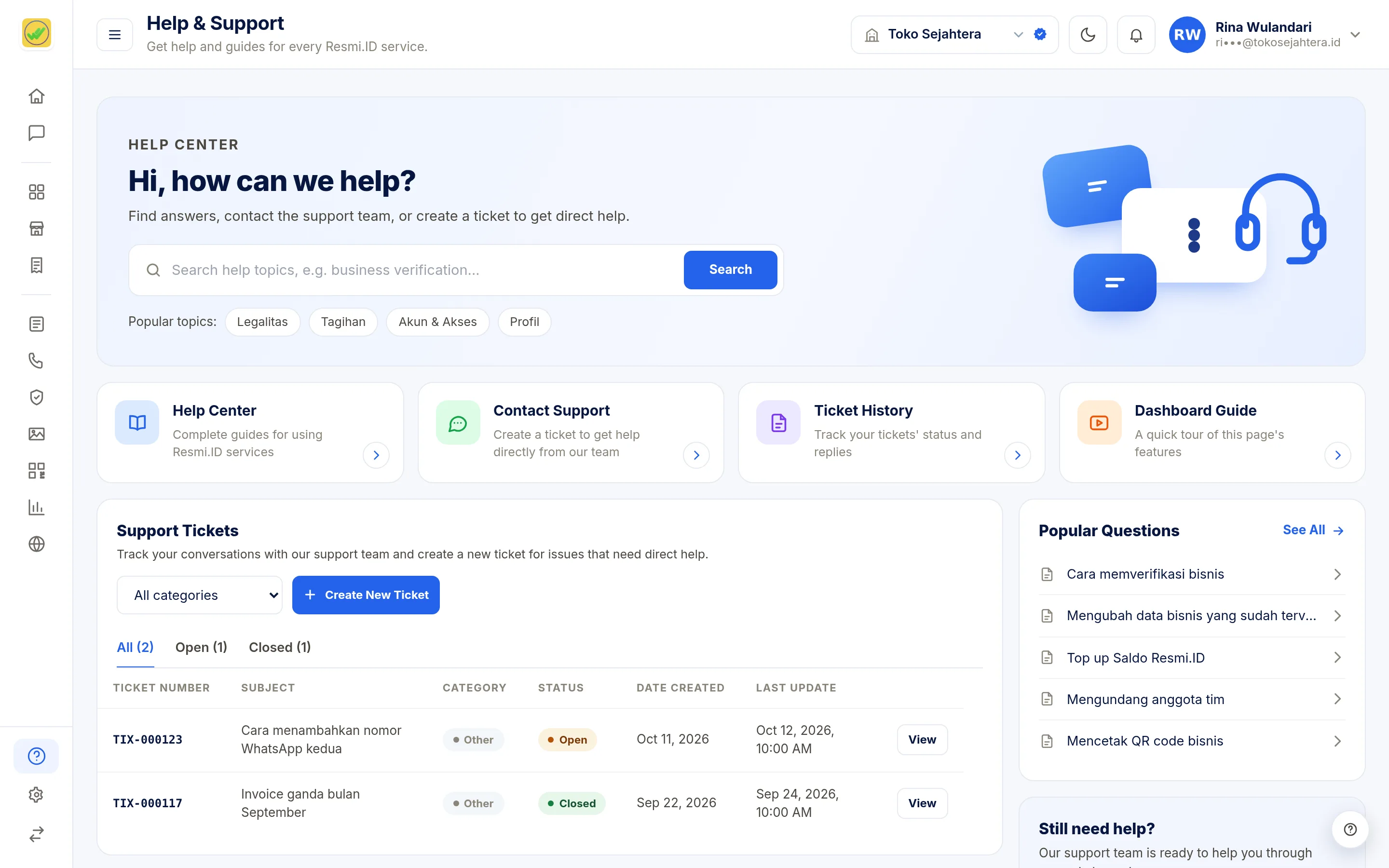 Screenshot of the page Help & Support