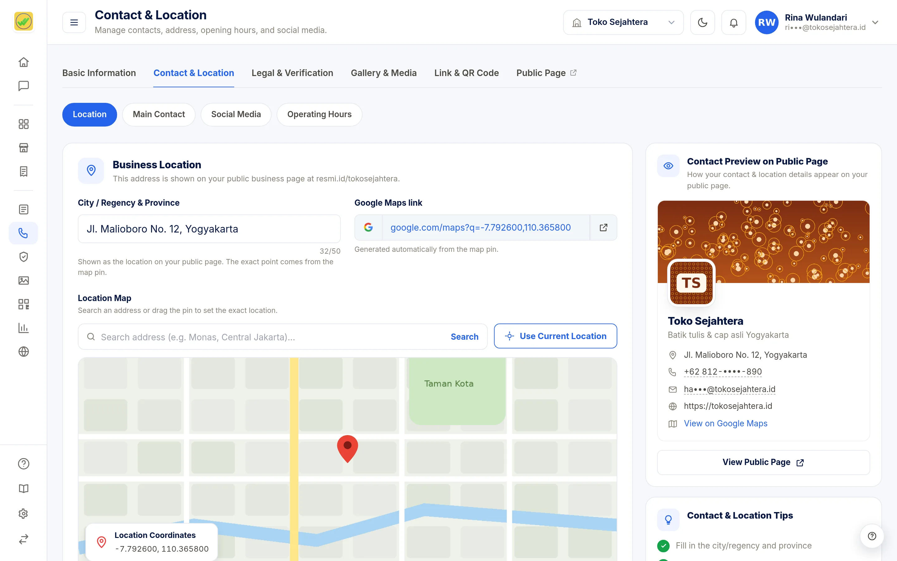 Screenshot of the page Contact & Location: Location