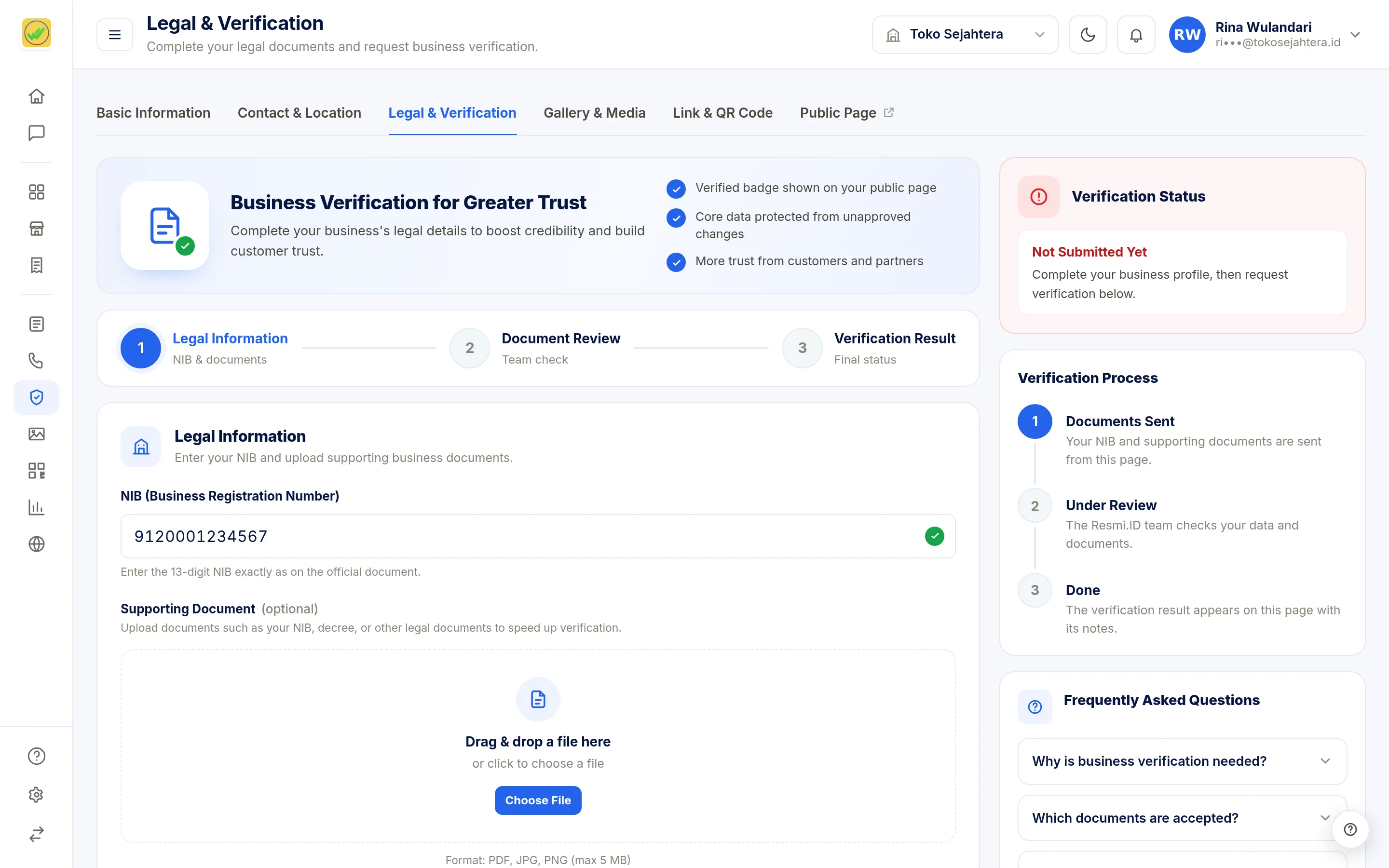 Screenshot of the page Legal & Verification — NIB form