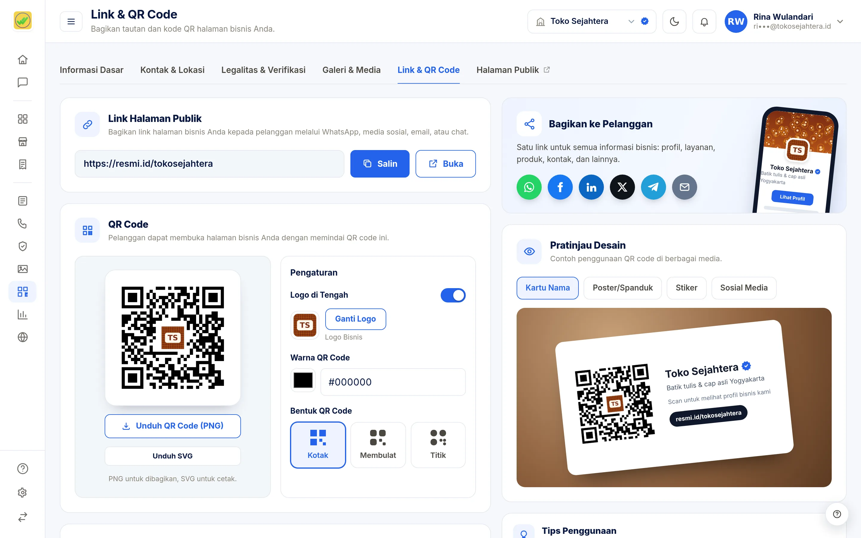 Tangkapan layar halaman Link & QR Code — Link & pengaturan QR
