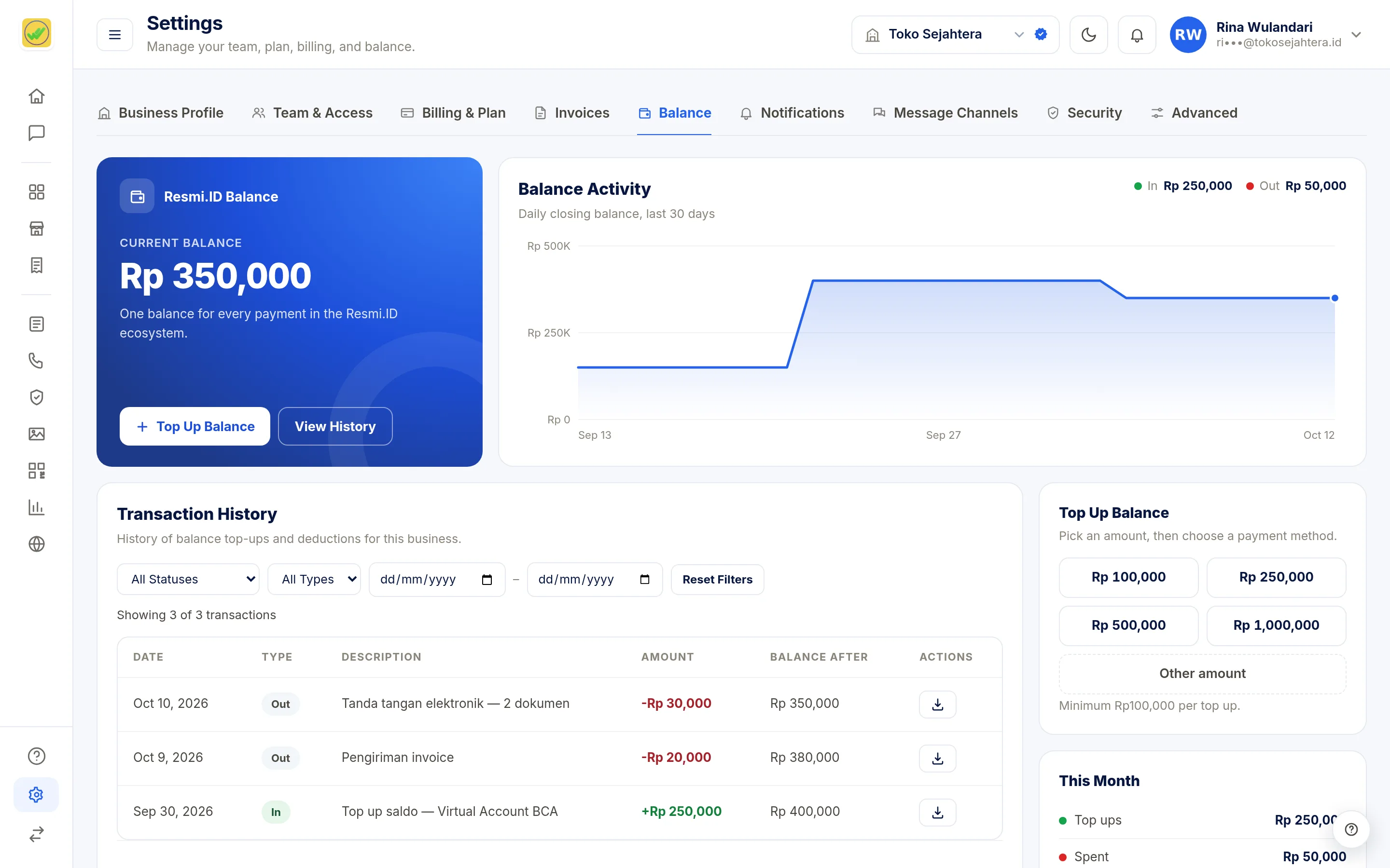 Screenshot of the page Settings: Balance — Balance & history