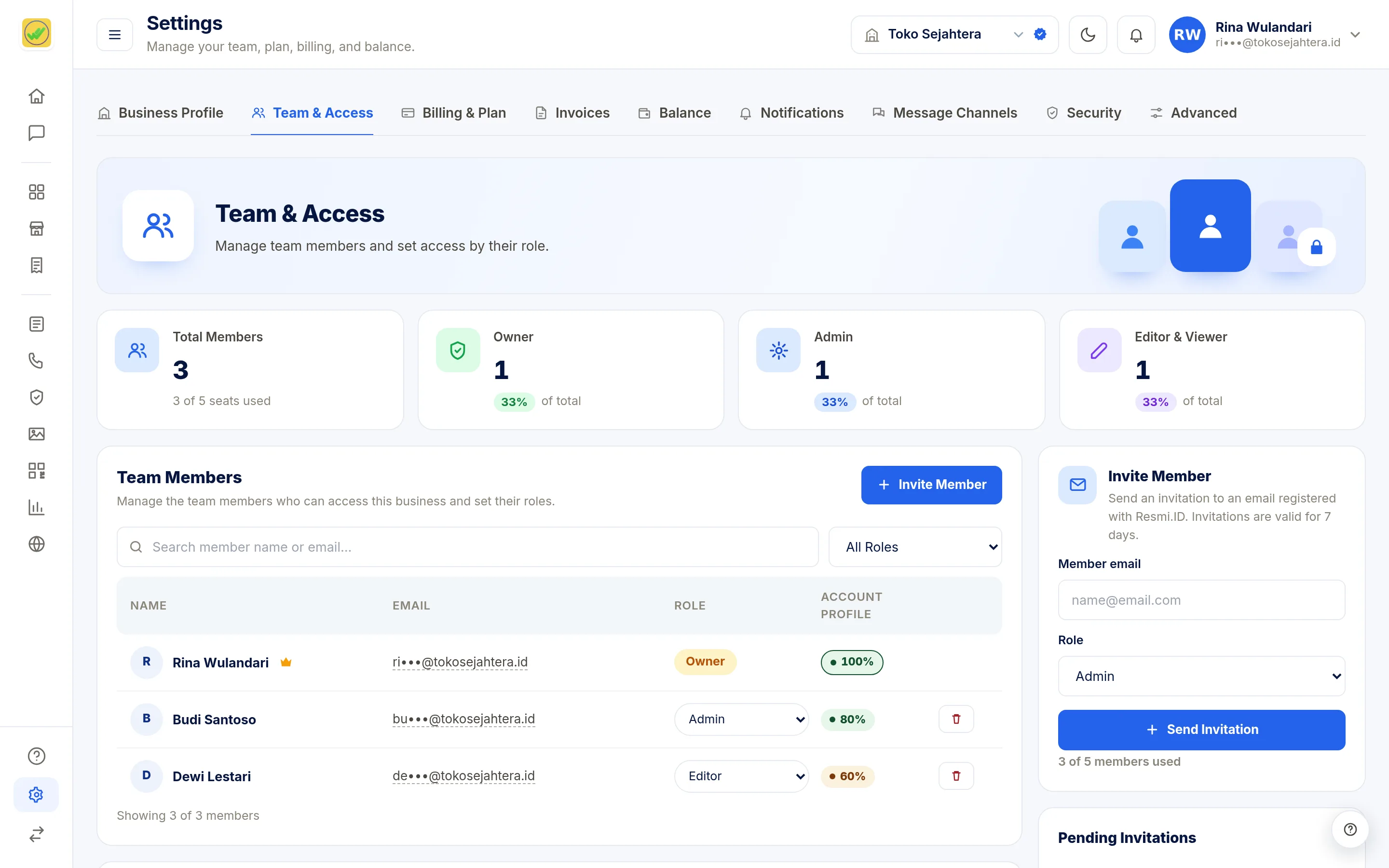 Screenshot of the page Settings: Team & Access — Members & invitations