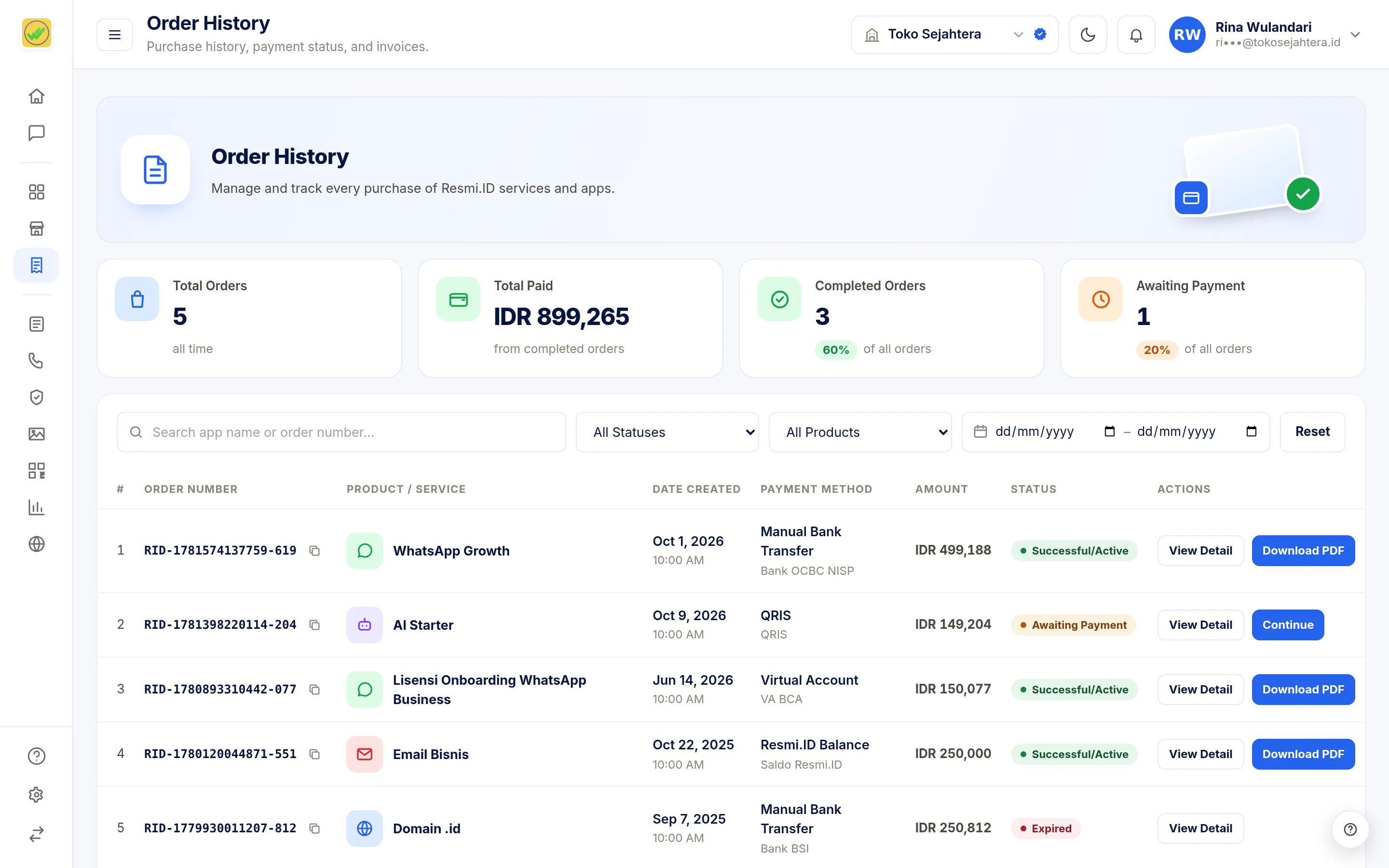 Screenshot of the page Order History