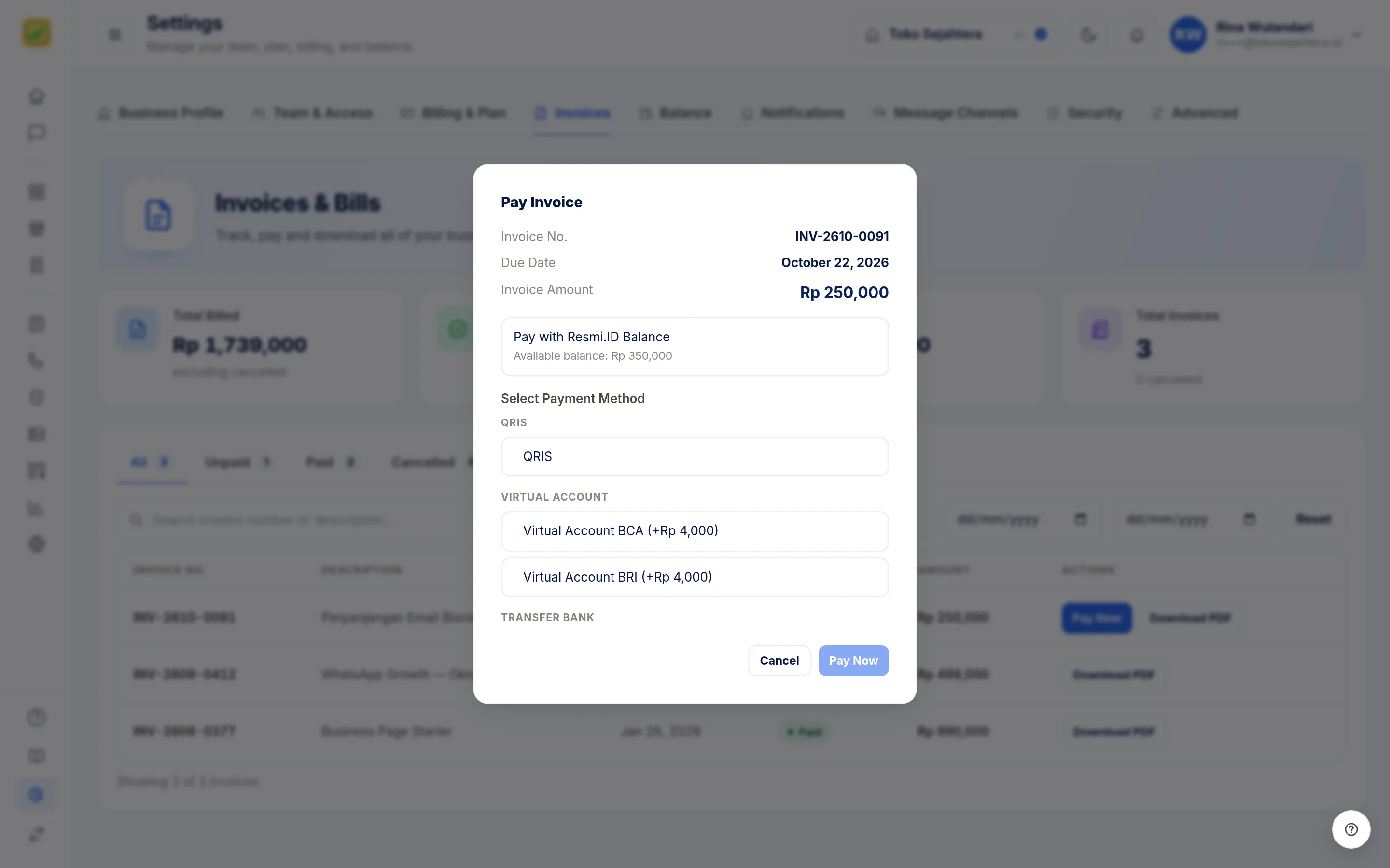 Screenshot of the page Settings: Invoices — Pay an invoice