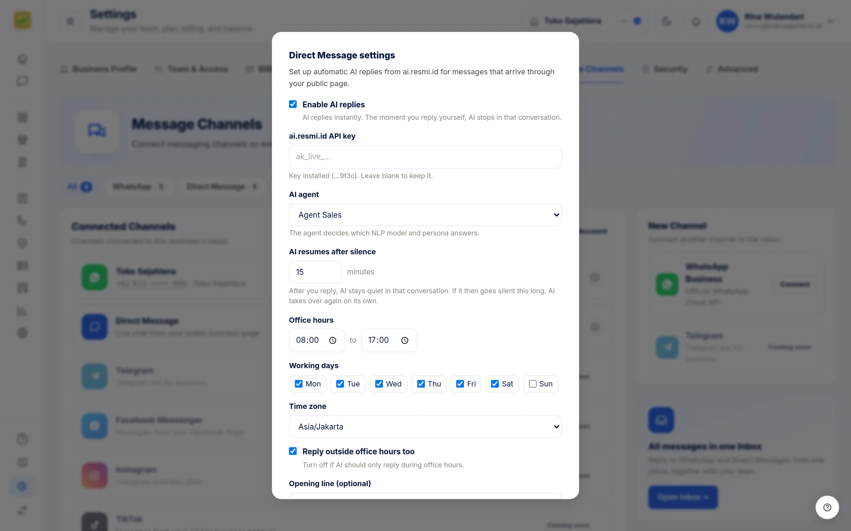 Screenshot of the page Settings: Message Channels — Direct Message settings