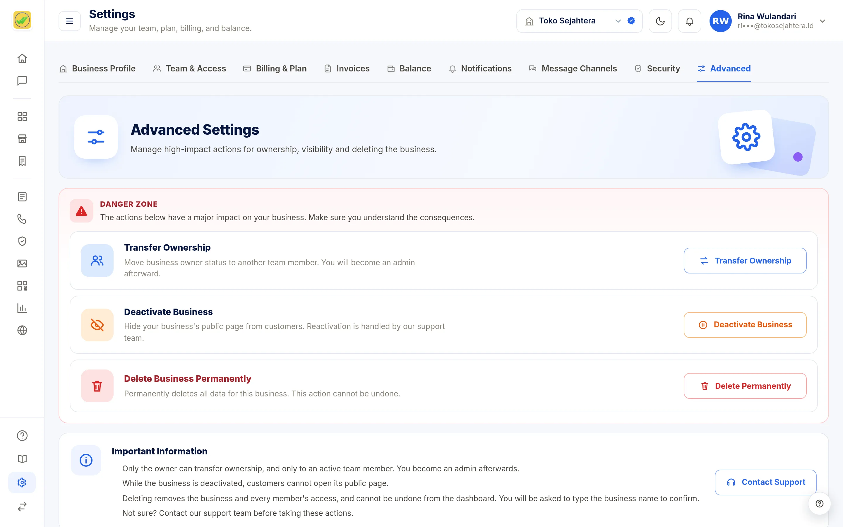 Screenshot of the page Settings: Security & Advanced