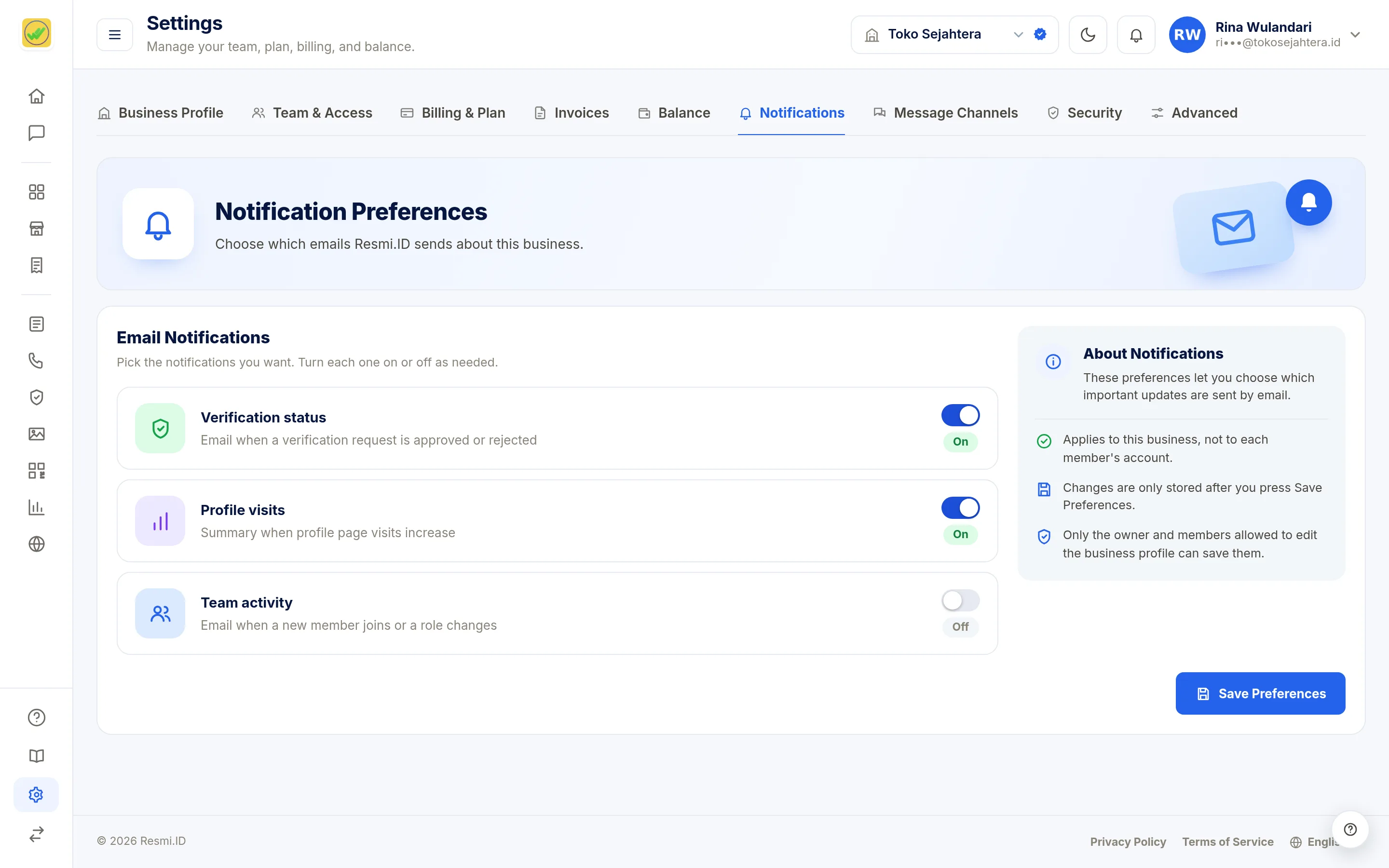Screenshot of the page Settings: Notifications