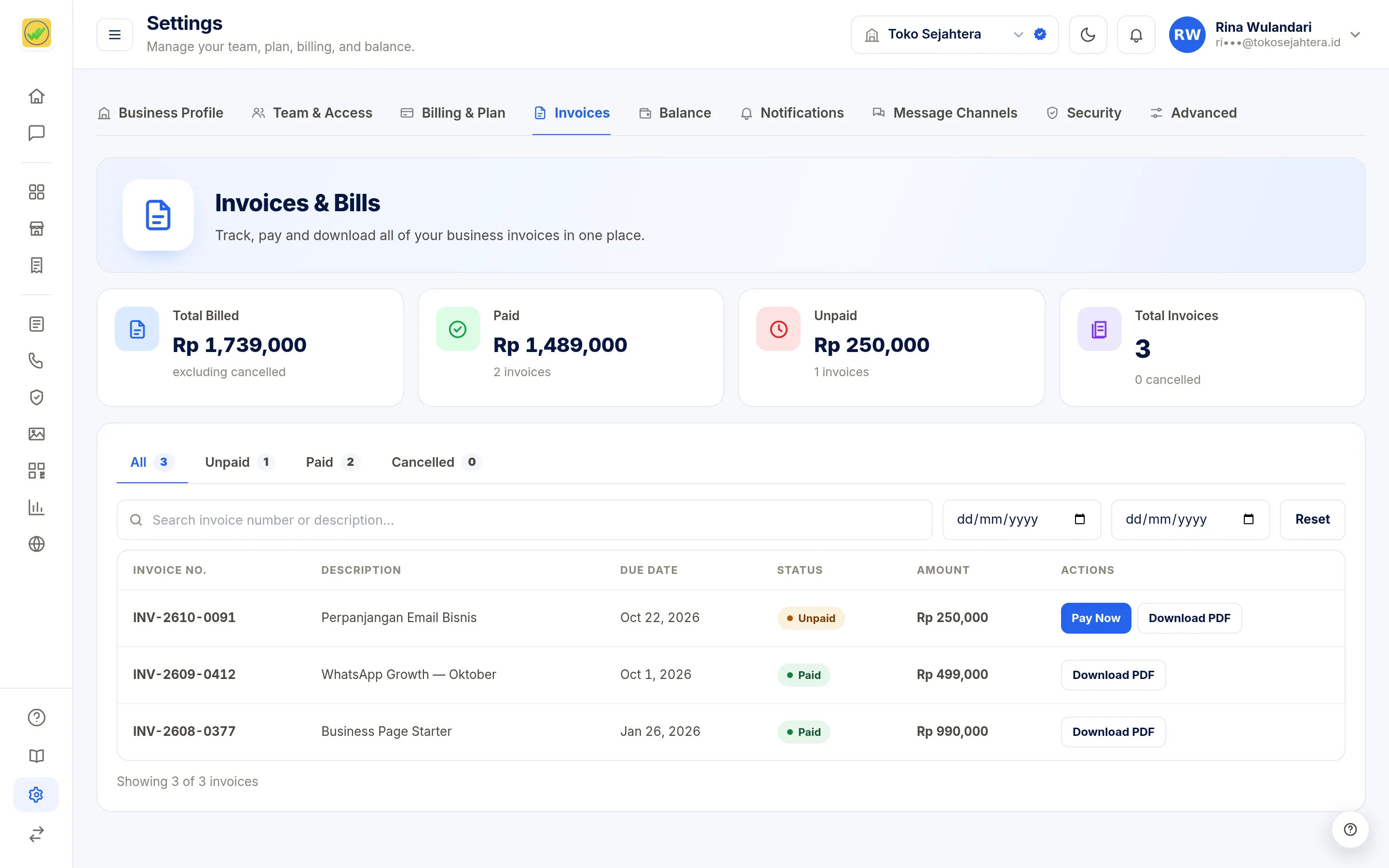 Screenshot of the page Settings: Invoices — Invoice list
