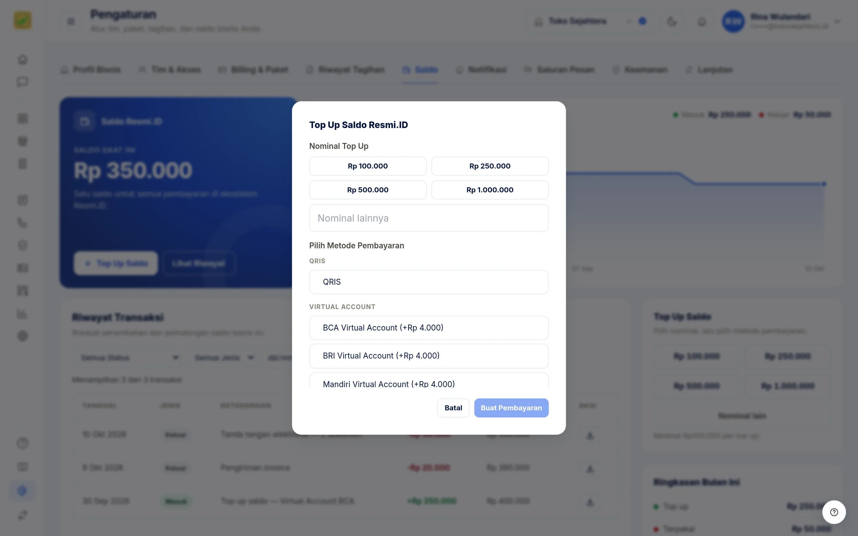 Tangkapan layar halaman Pengaturan: Saldo — Top up saldo