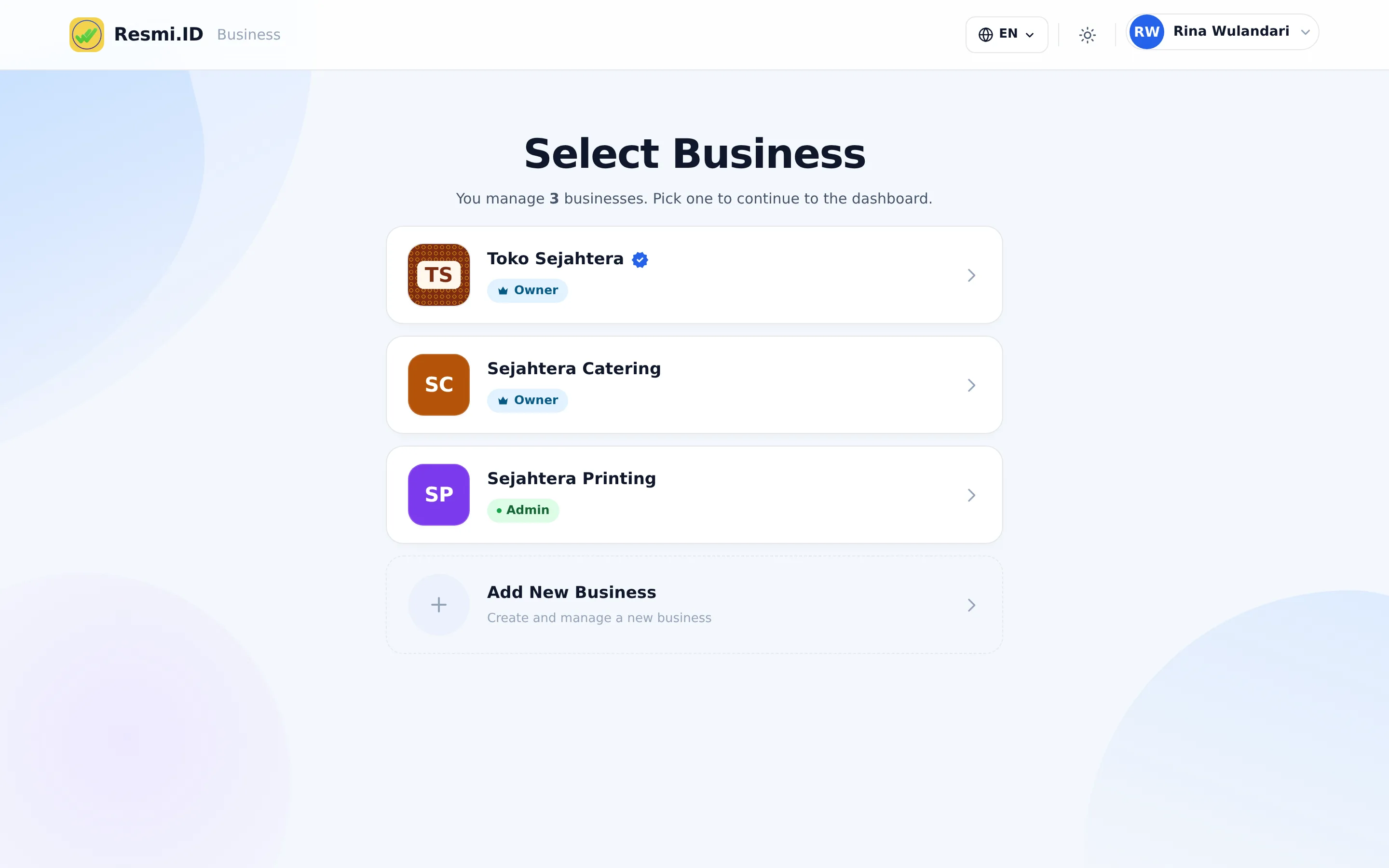 Screenshot of the page Getting Started: Sign In & Pick a Business — Select business