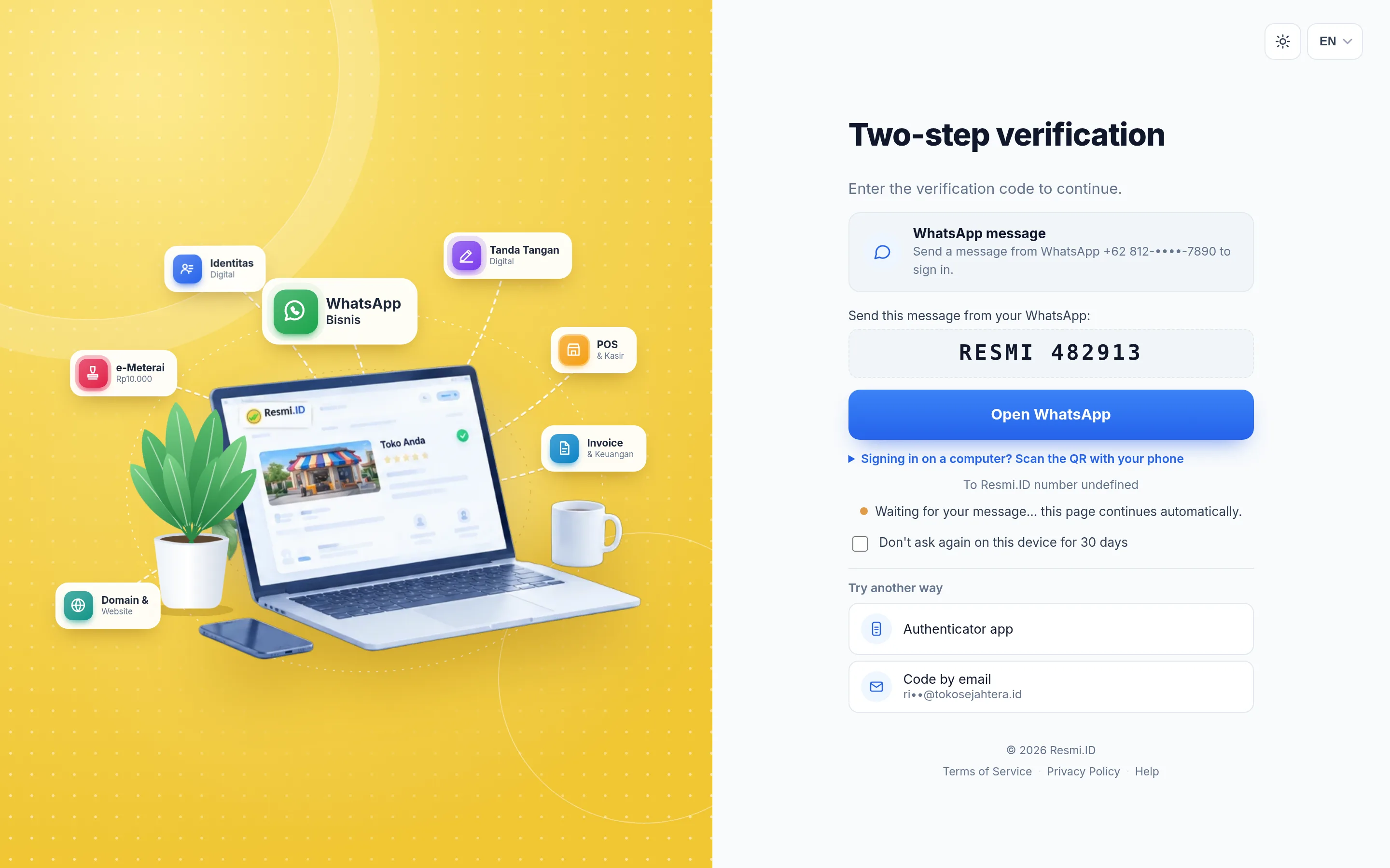 Screenshot of the page Signing in with two-step verification — Via WhatsApp message