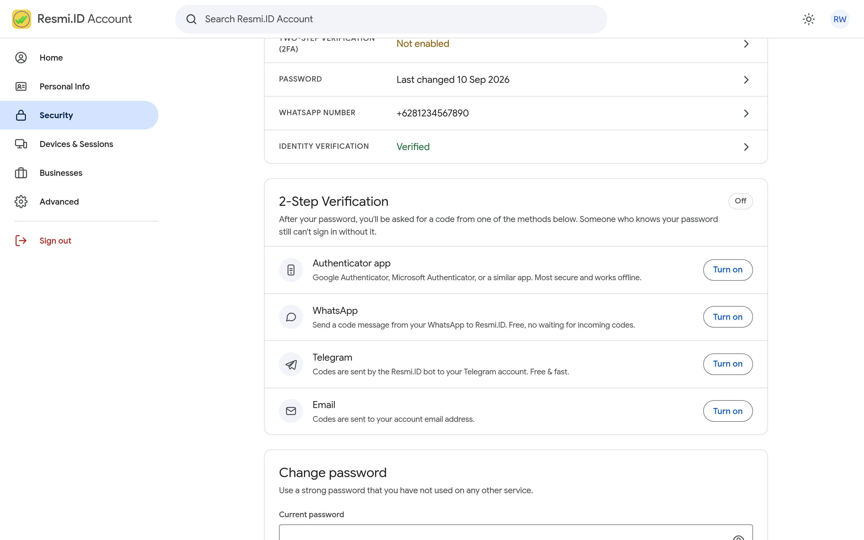 Screenshot of the page Turn on two-step verification (2FA) — Choose a method