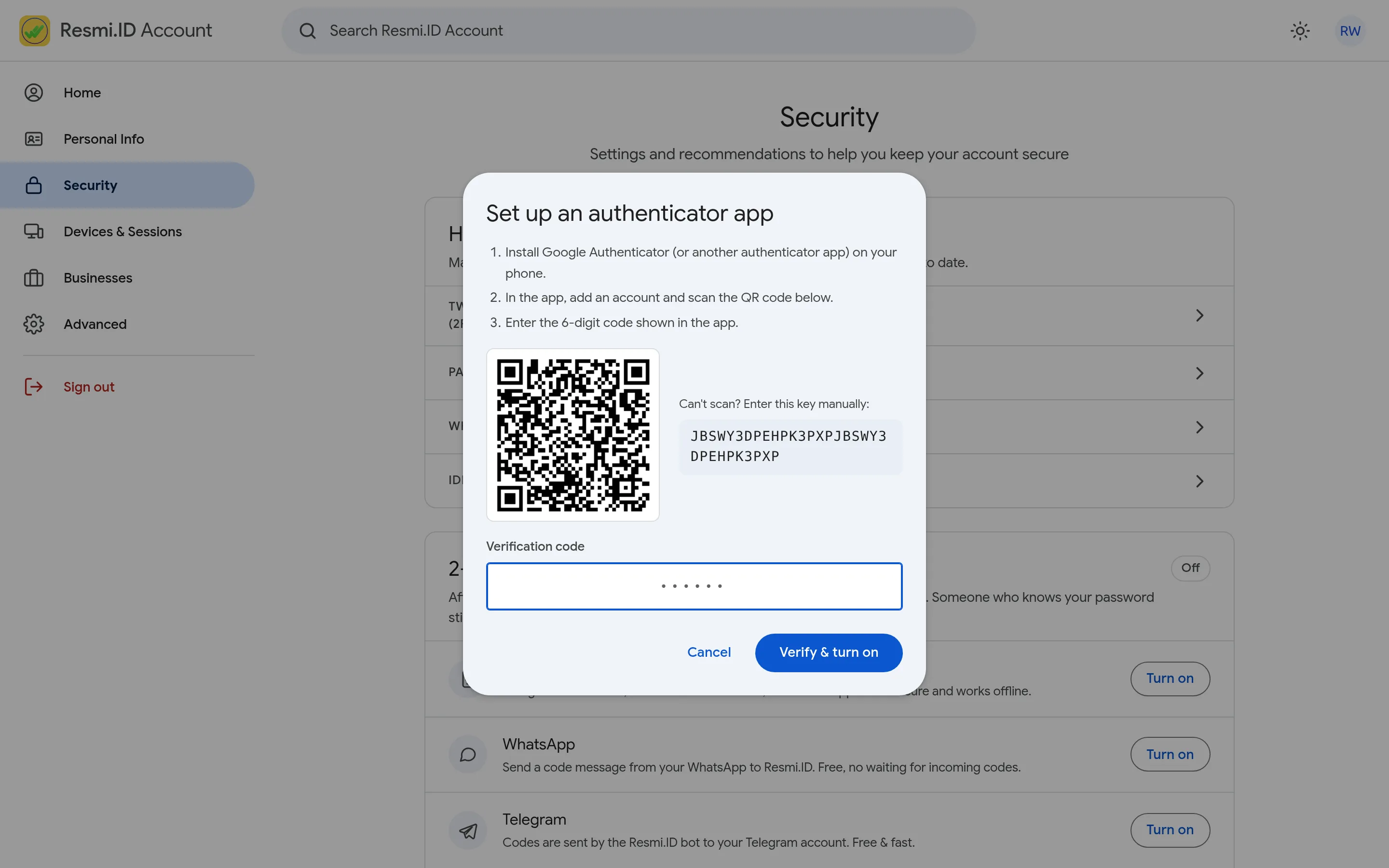 Screenshot of the page Turn on two-step verification (2FA) — Set up an authenticator app
