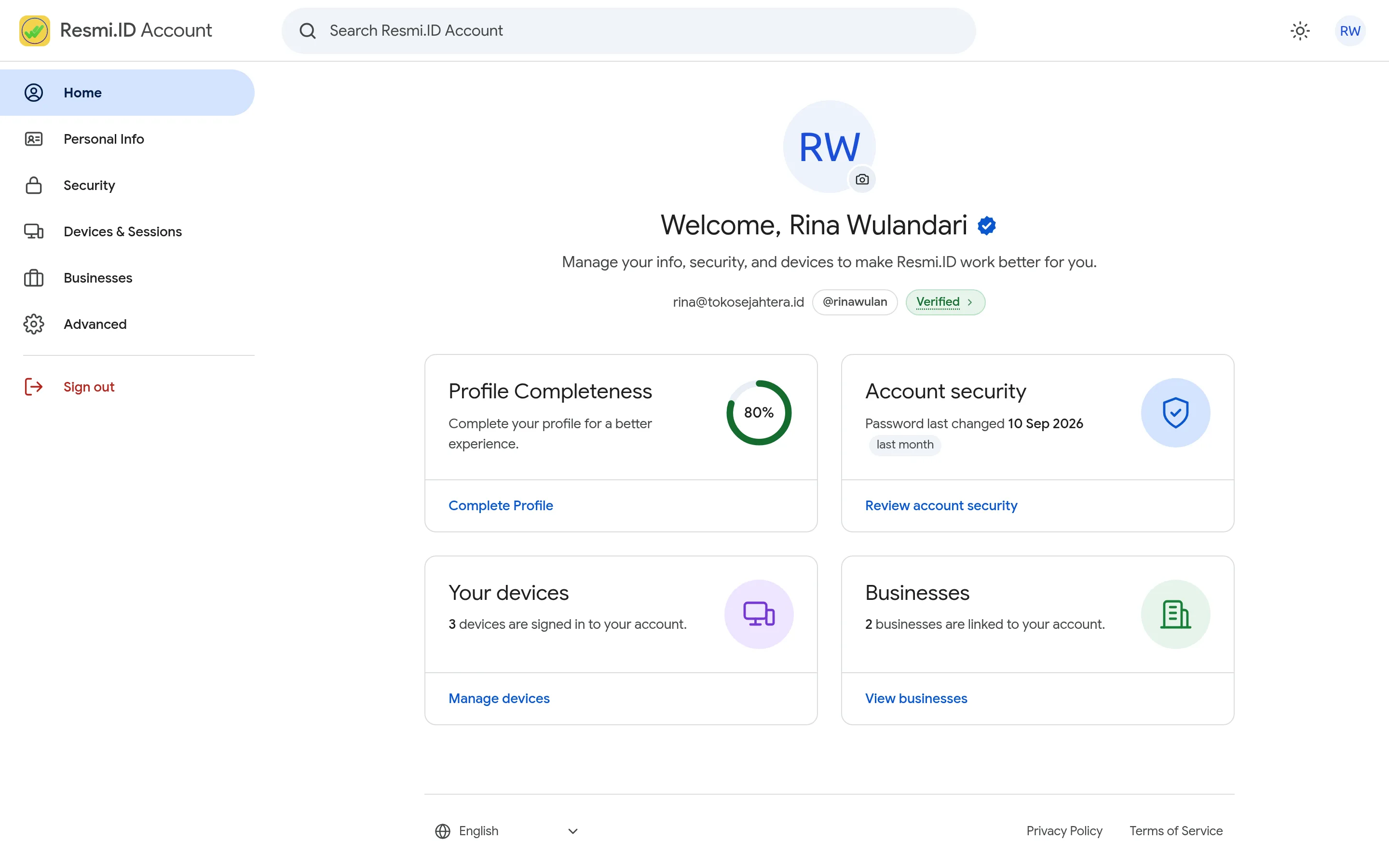 Screenshot of the page Personal info, photo & language — Account home
