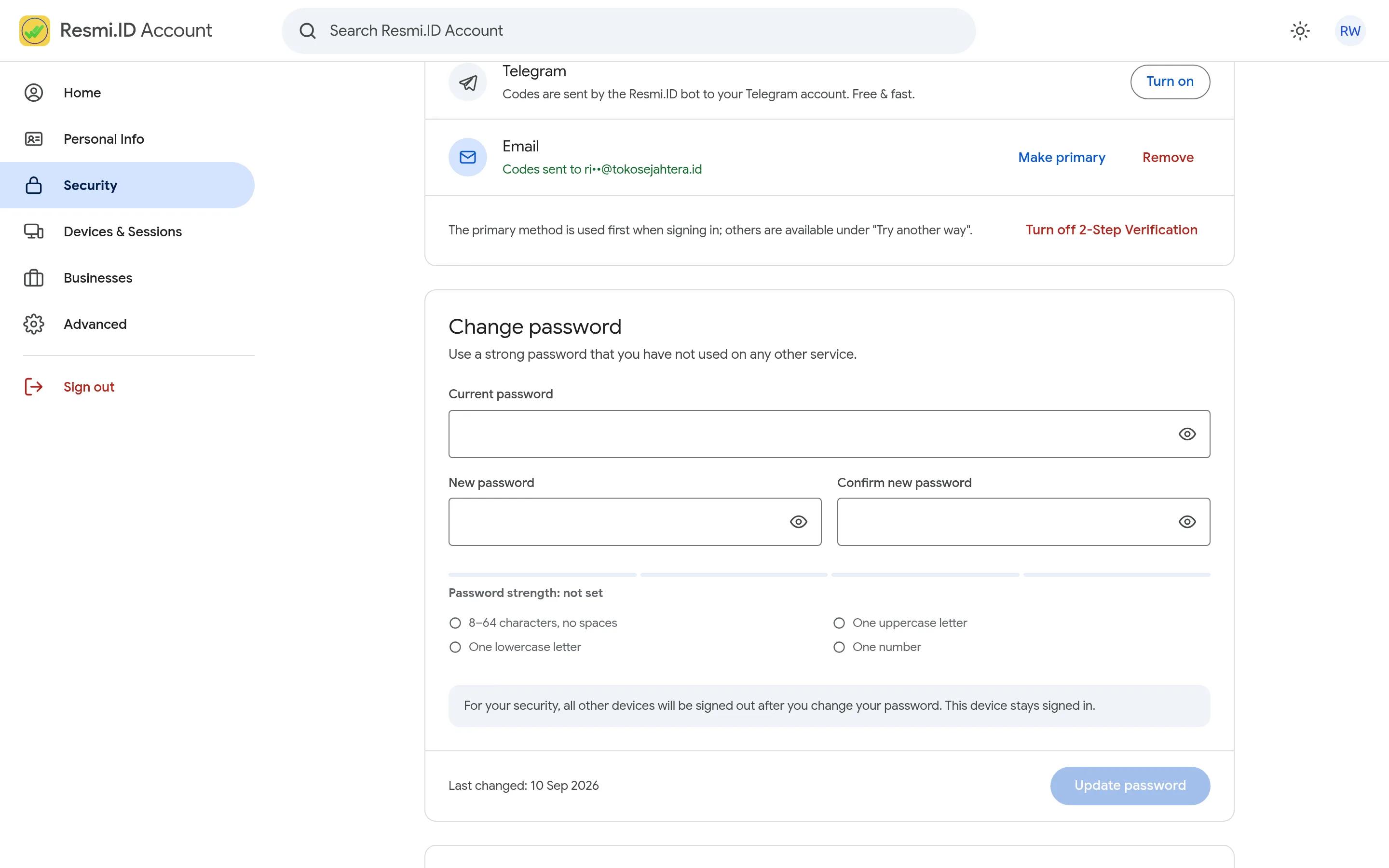 Screenshot of the page Change your password