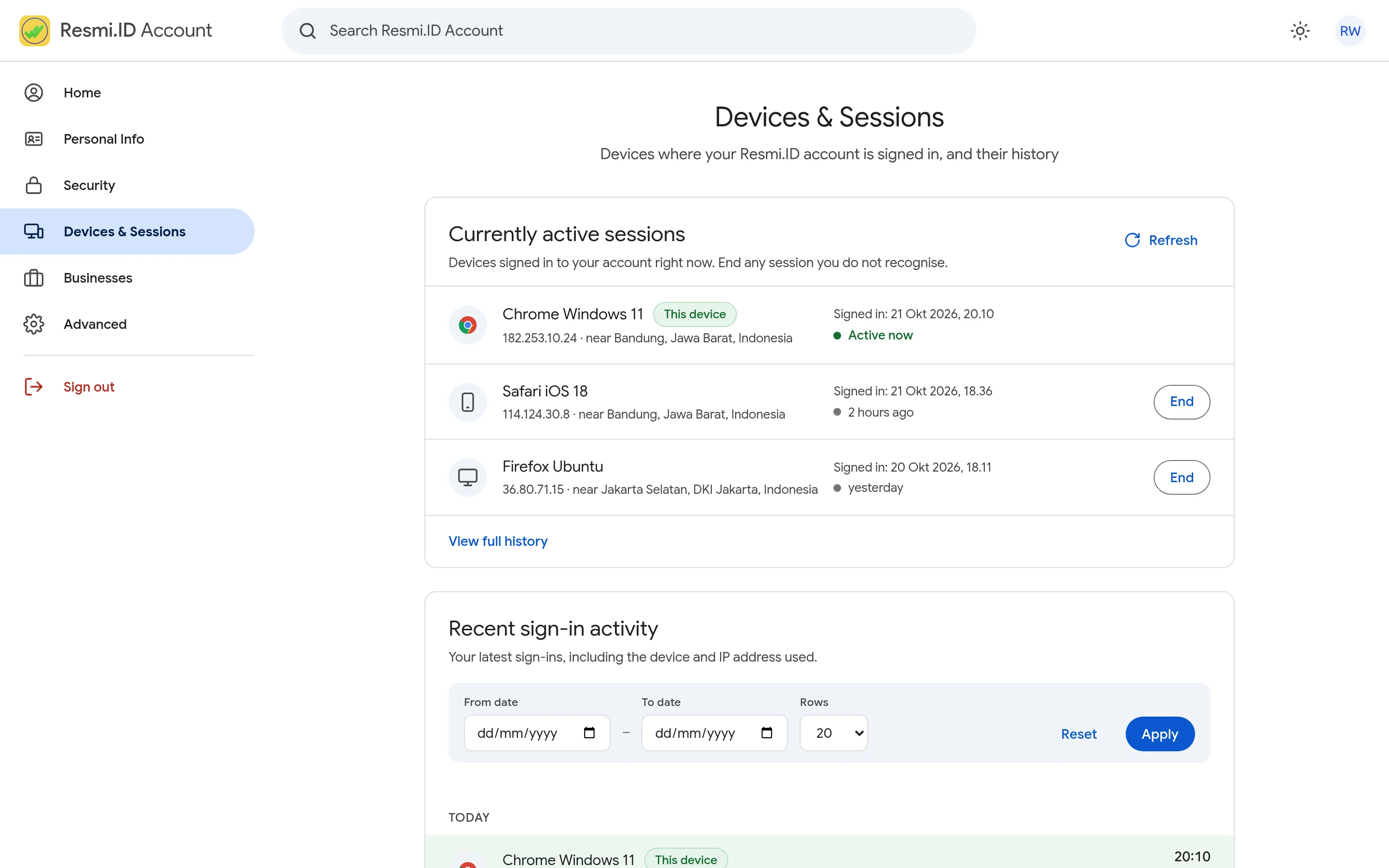 Screenshot of the page Devices & sessions