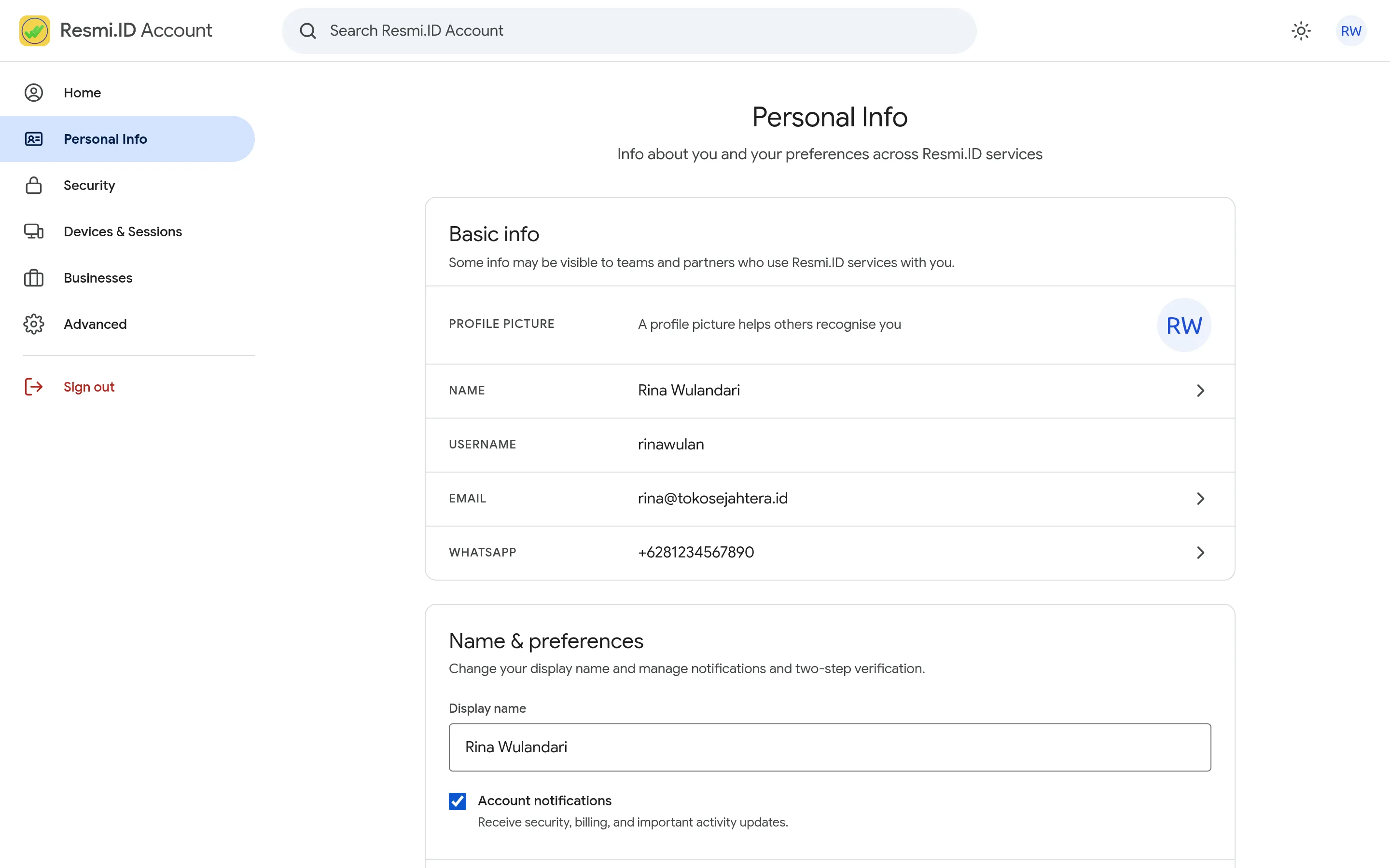 Screenshot of the page Personal info, photo & language — Personal Info