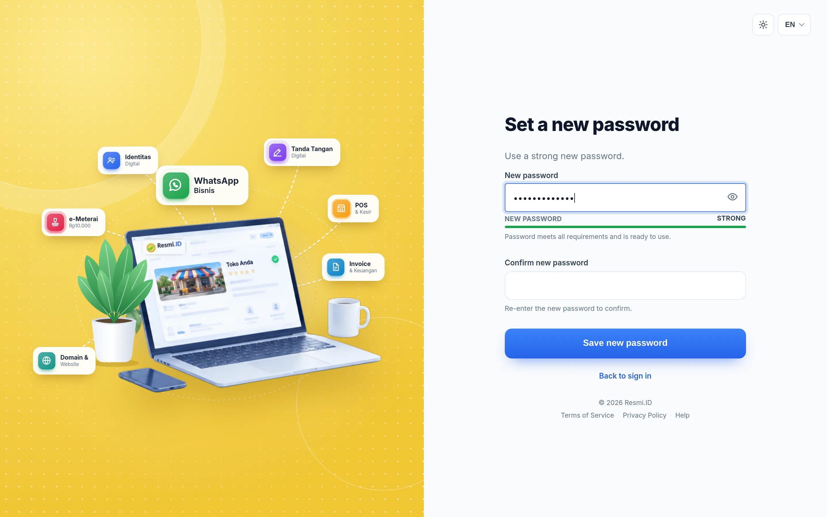 Screenshot of the page Forgot password — Create a new password