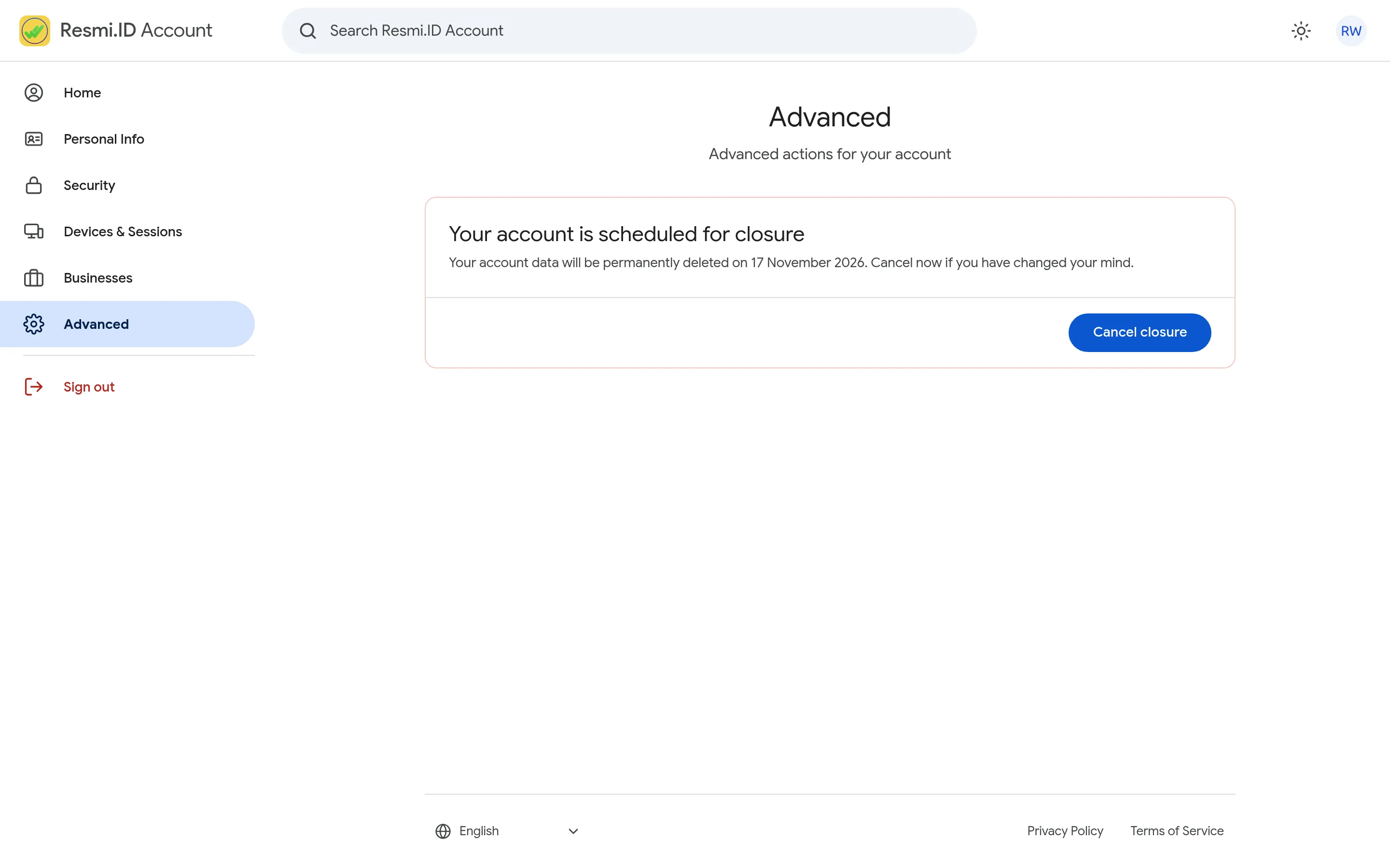 Screenshot of the page Close your account (and undo it) — Cancel closure