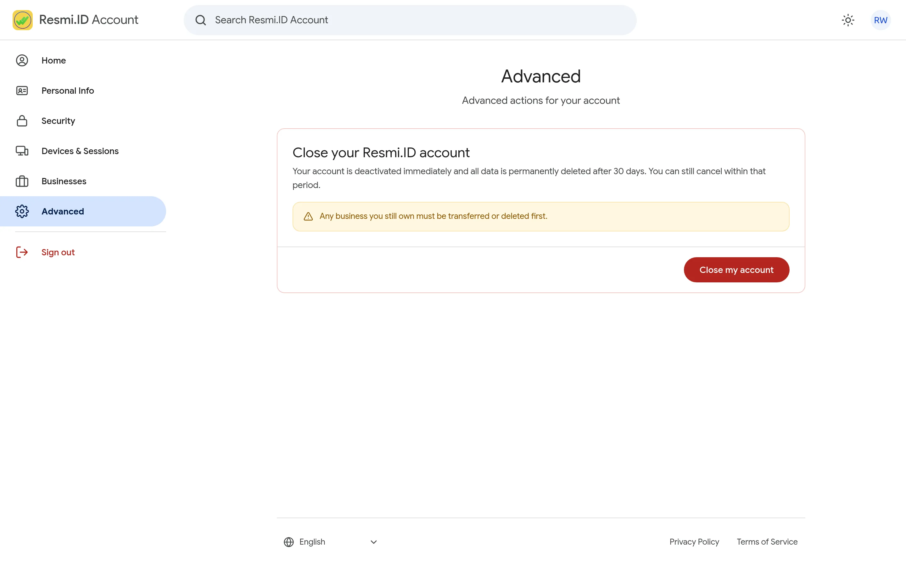 Screenshot of the page Close your account (and undo it) — Close account