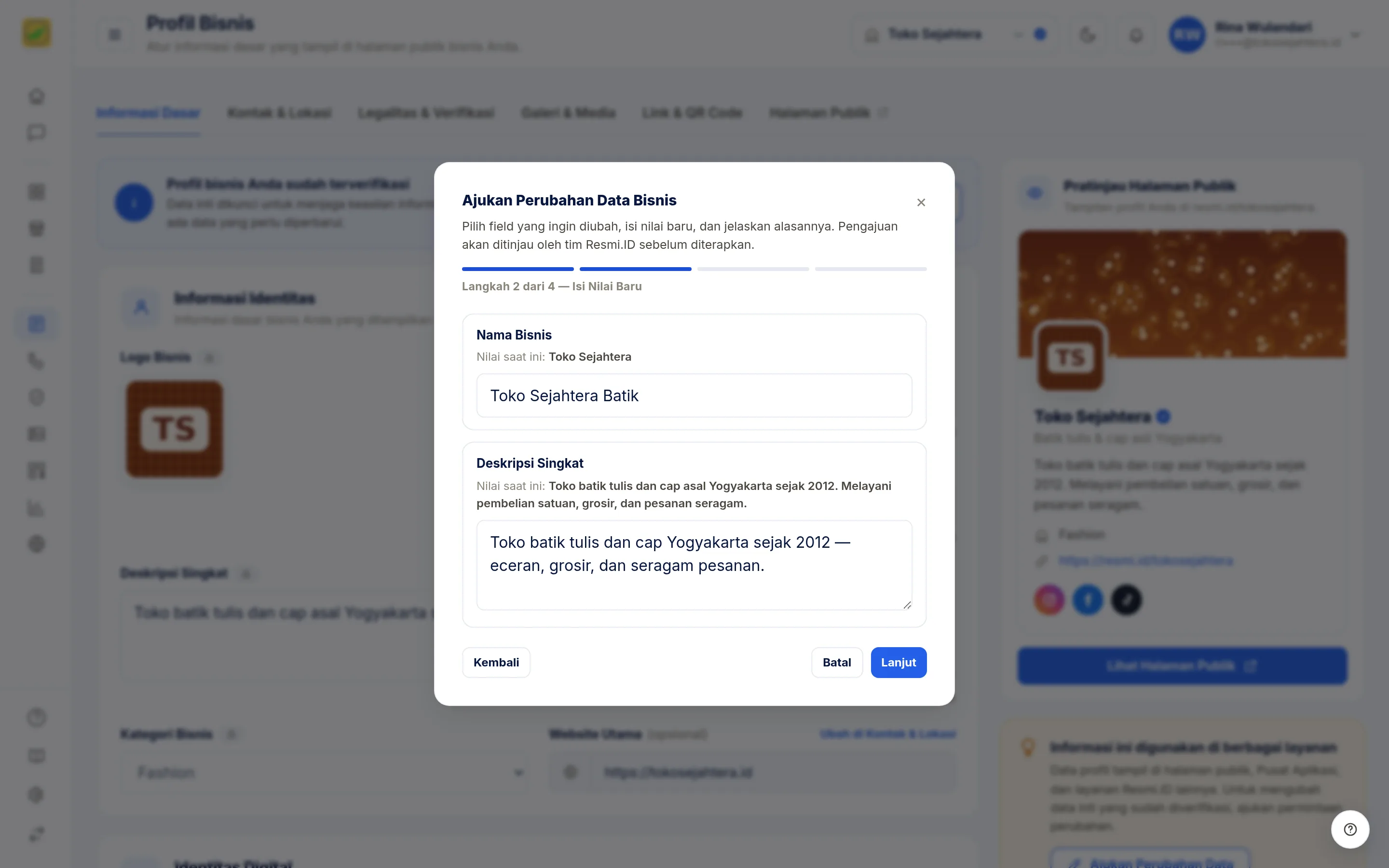 Tangkapan layar halaman Ajukan Perubahan Data — Langkah 2 · Nilai baru