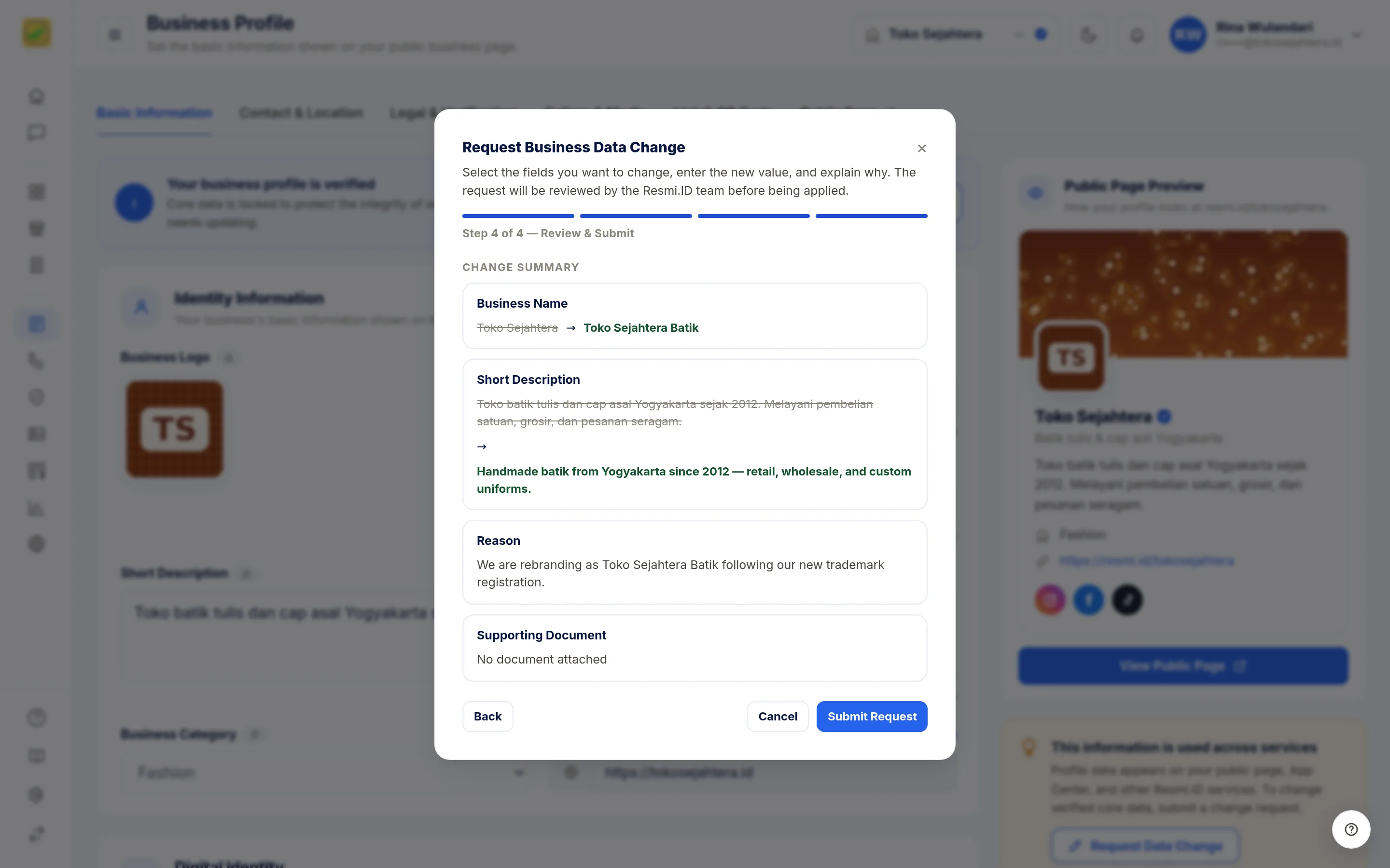 Screenshot of the page Request Data Change — Step 4 · Review & submit