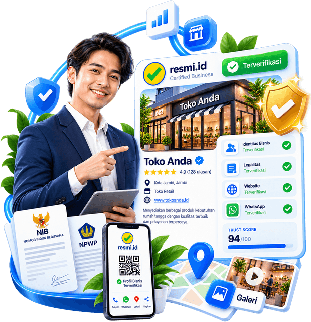 A business owner showing the verified Toko Anda business profile on Resmi.ID, complete with NIB (business identification number) and NPWP (tax ID) documents, verified checkmarks for identity, legal standing, website and WhatsApp, a trust score of 94, and the profile QR code on a phone.