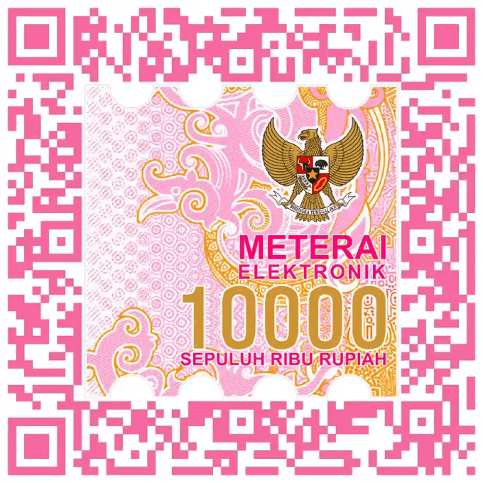 Contoh tampilan e-Meterai Rp10.000 resmi terbitan Peruri: lambang Garuda Pancasila, tulisan Meterai Elektronik, nilai 10000/Sepuluh Ribu Rupiah, dan pola kode QR unik di sekelilingnya